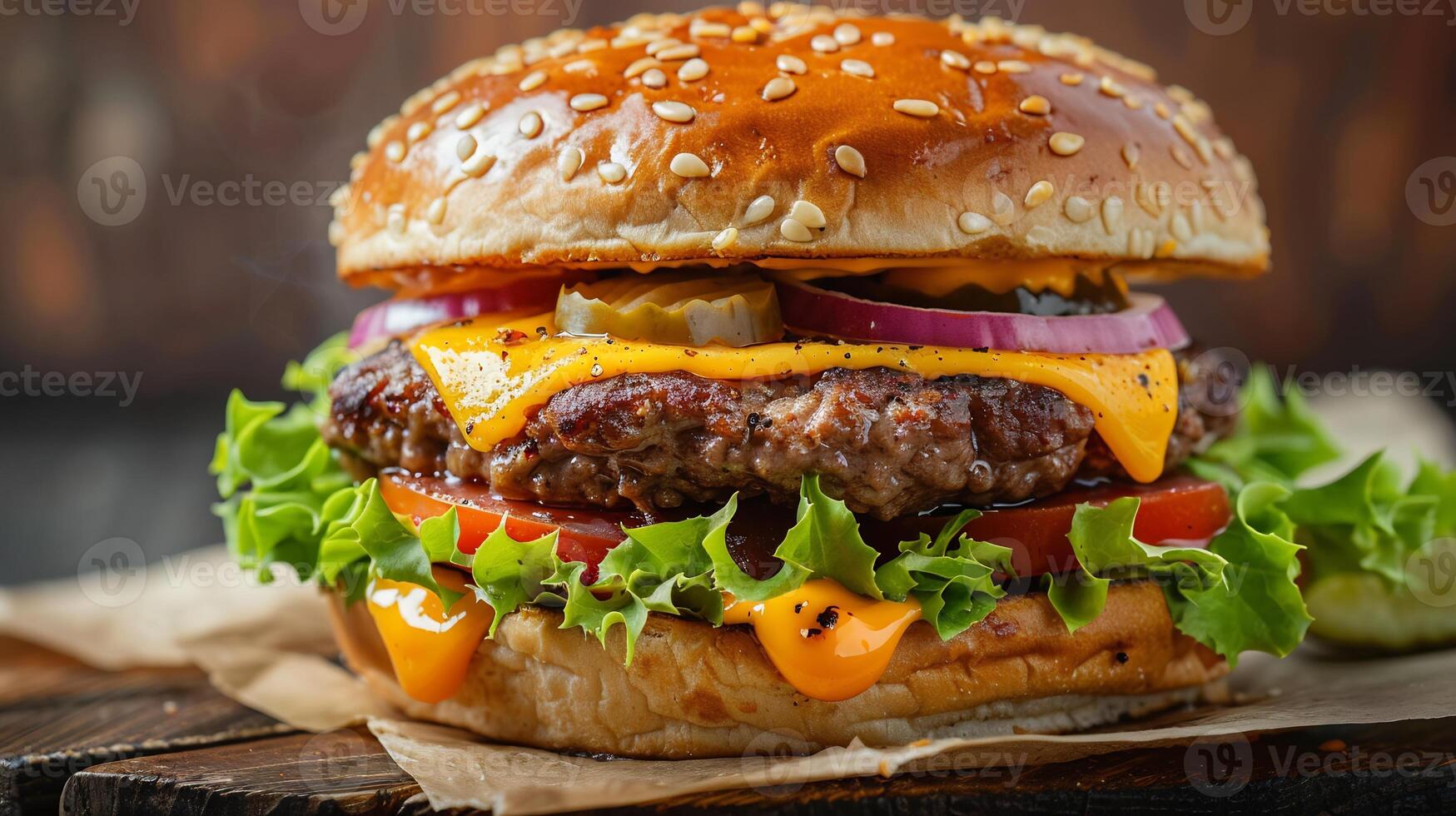 Vibrant classic cheeseburger from USA featuring sizzling grilled beef with melted cheddar and crisp lettuce in a high resolution gourmet food photography style photo