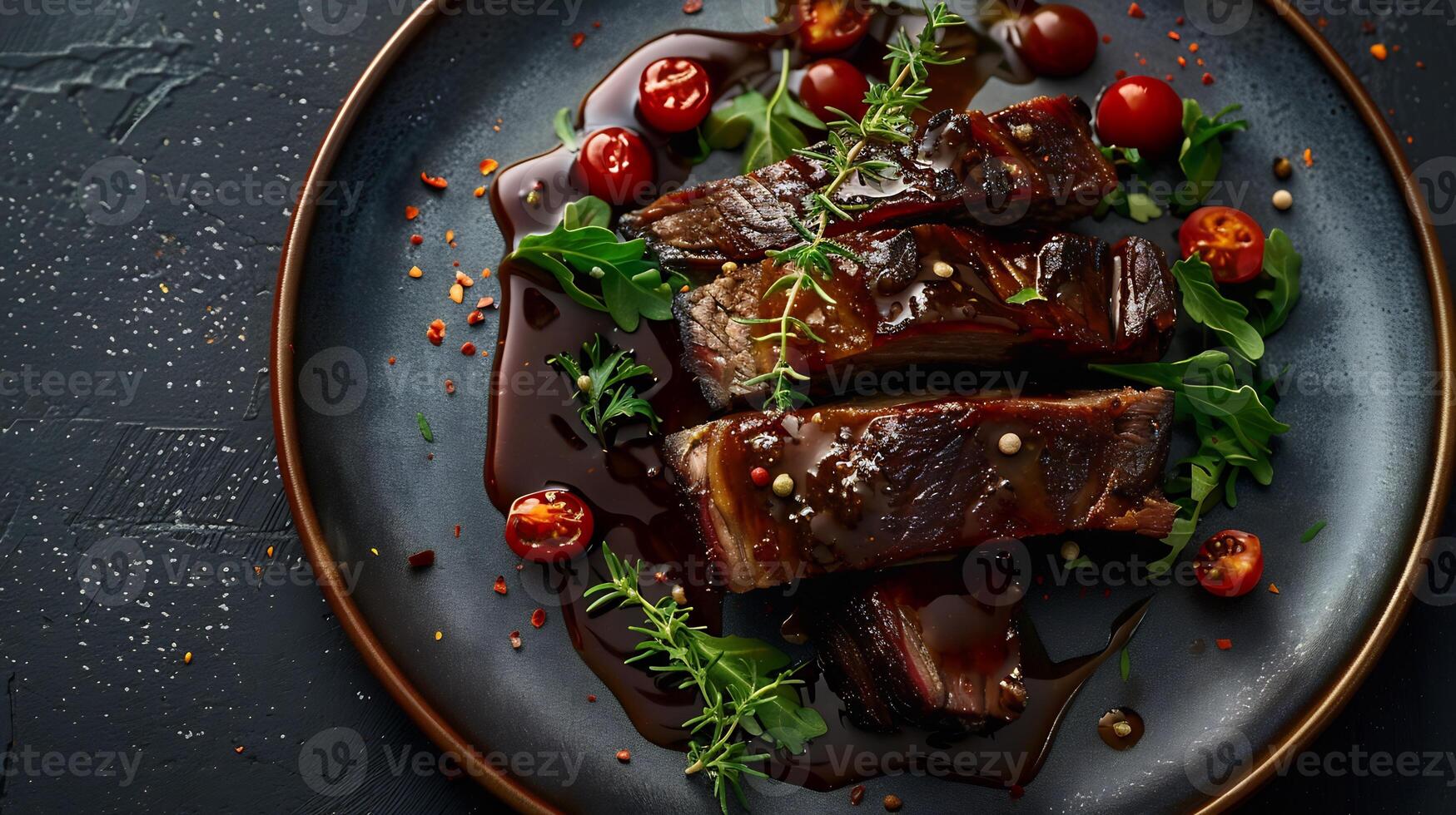 Plate of flavorful smoked brisket from Canada with a deep rich sauce styled in a dynamic high resolution urban gourmet food photography scene photo