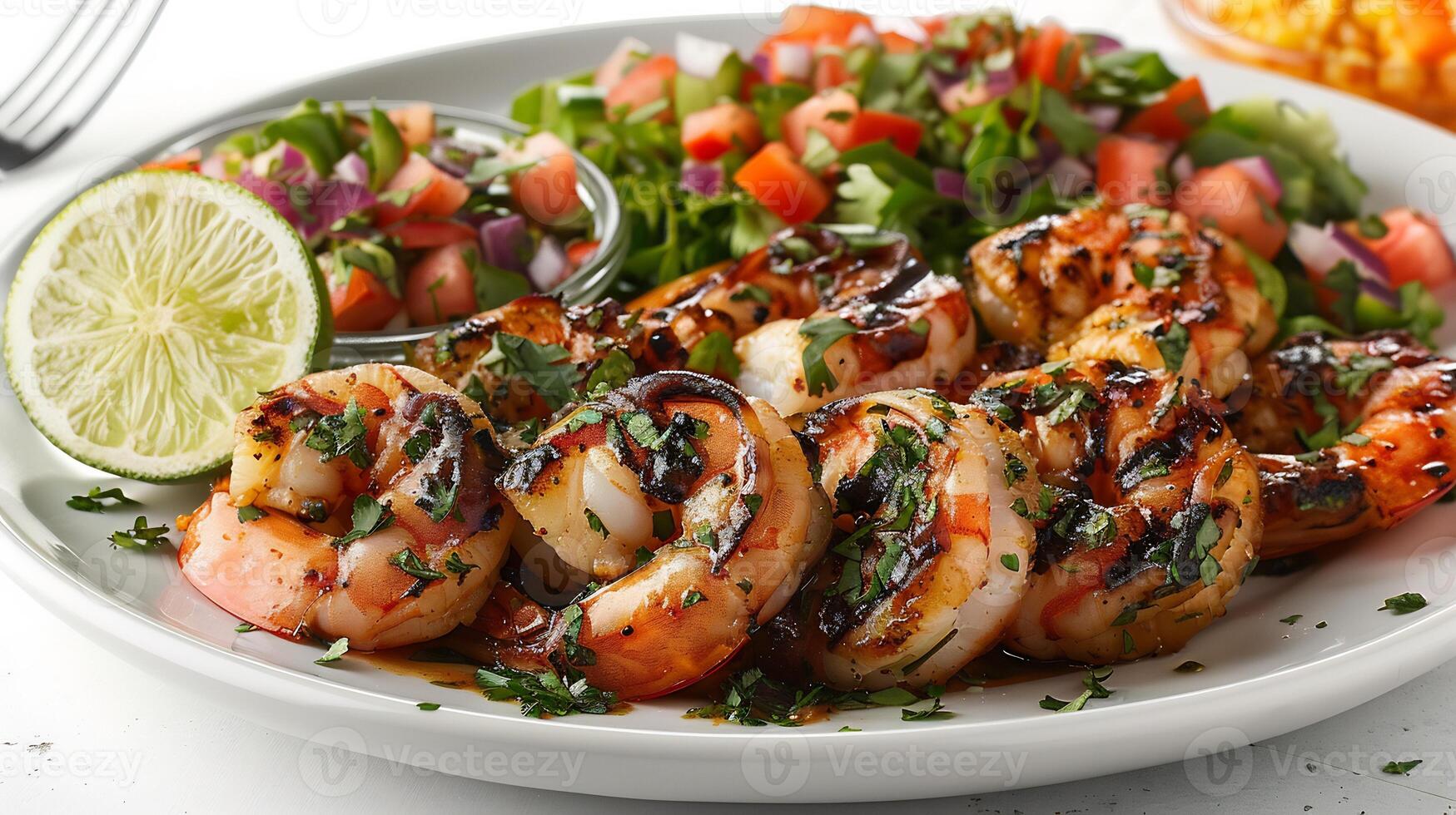 Plate of succulent grilled shrimp from Mexico with a zesty lime marinade styled in a dynamic high resolution coastal culinary art scene photo