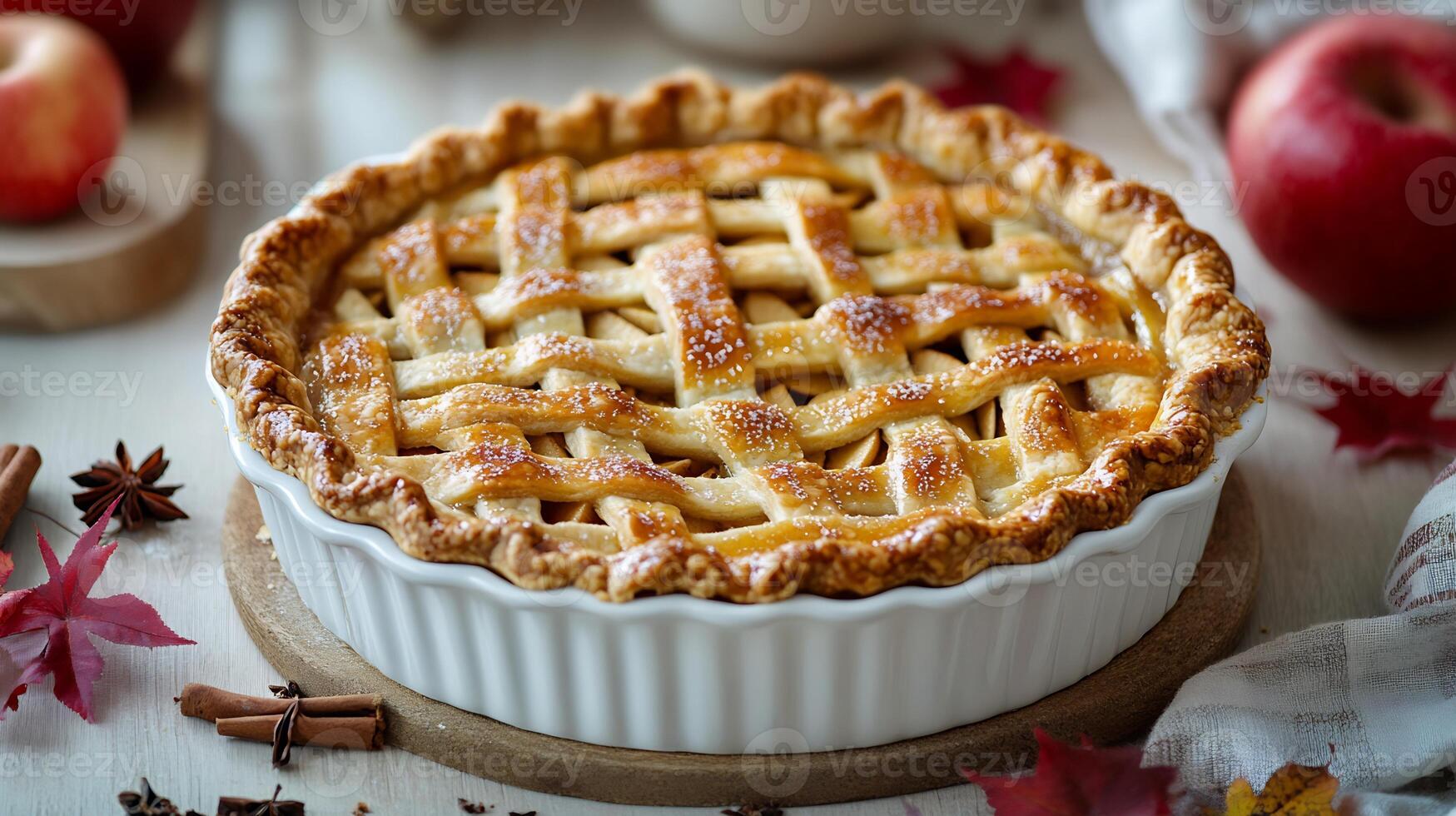 Freshly baked apple pie from USA with a golden flaky crust and aromatic cinnamon filling presented in a cozy gourmet setting high resolution style photo