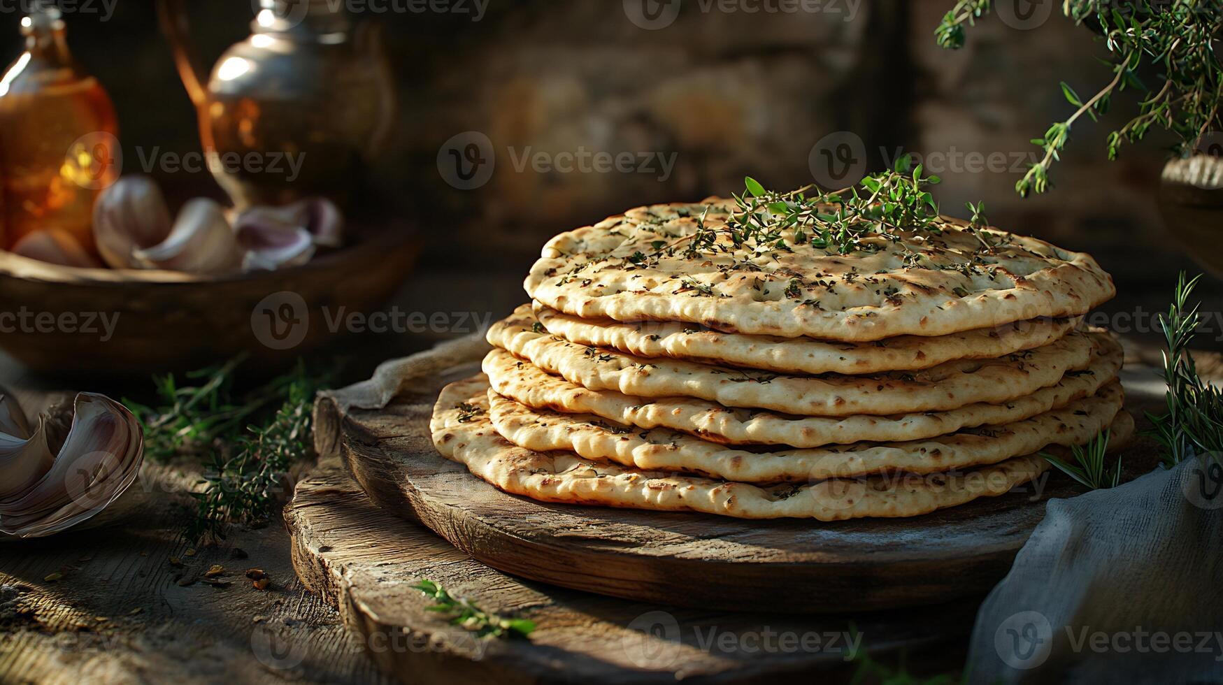 Delicious serving of Turkish herb infused flatbread from Turkey with a soft texture and fresh toppings styled in a modern high resolution gourmet food photography scene photo