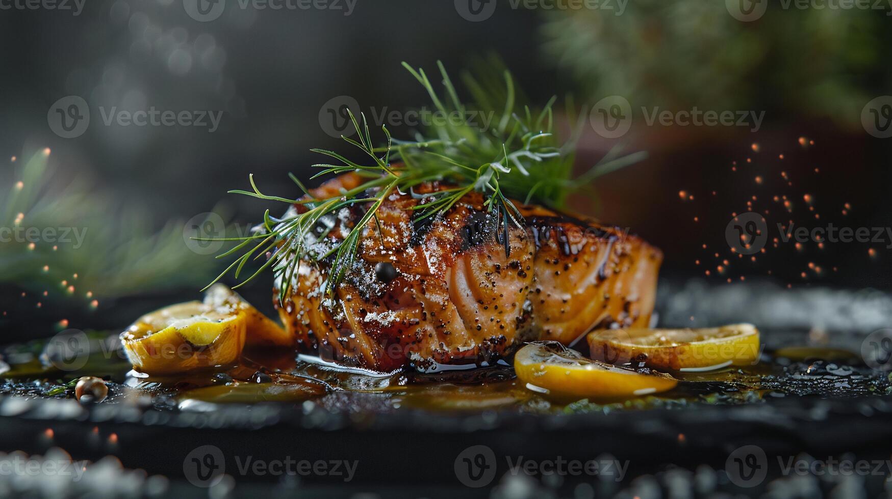 Serving of succulent grilled salmon from Canada with a maple glaze and fresh lemon accent styled in a modern high resolution gourmet culinary photography scene photo
