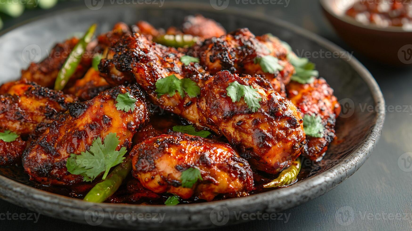Plate of spicy chettinad chicken from India with bold peppery flavors and a vibrant presentation captured in a dynamic high resolution gourmet food photography style photo