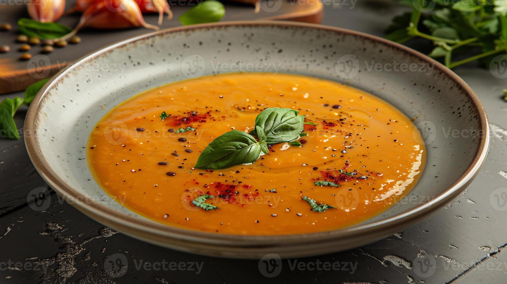 Plate of hearty Turkish lentil soup from Turkey with a smooth texture and aromatic spices styled in a dynamic high resolution homestyle culinary photography scene photo