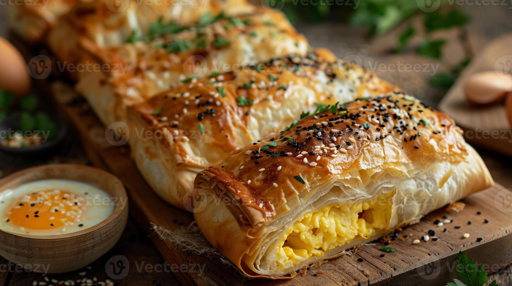 Delicious serving of Turkish egg and cheese borek from Turkey with a flaky pastry and savory filling captured in a dynamic high resolution traditional culinary photography style photo