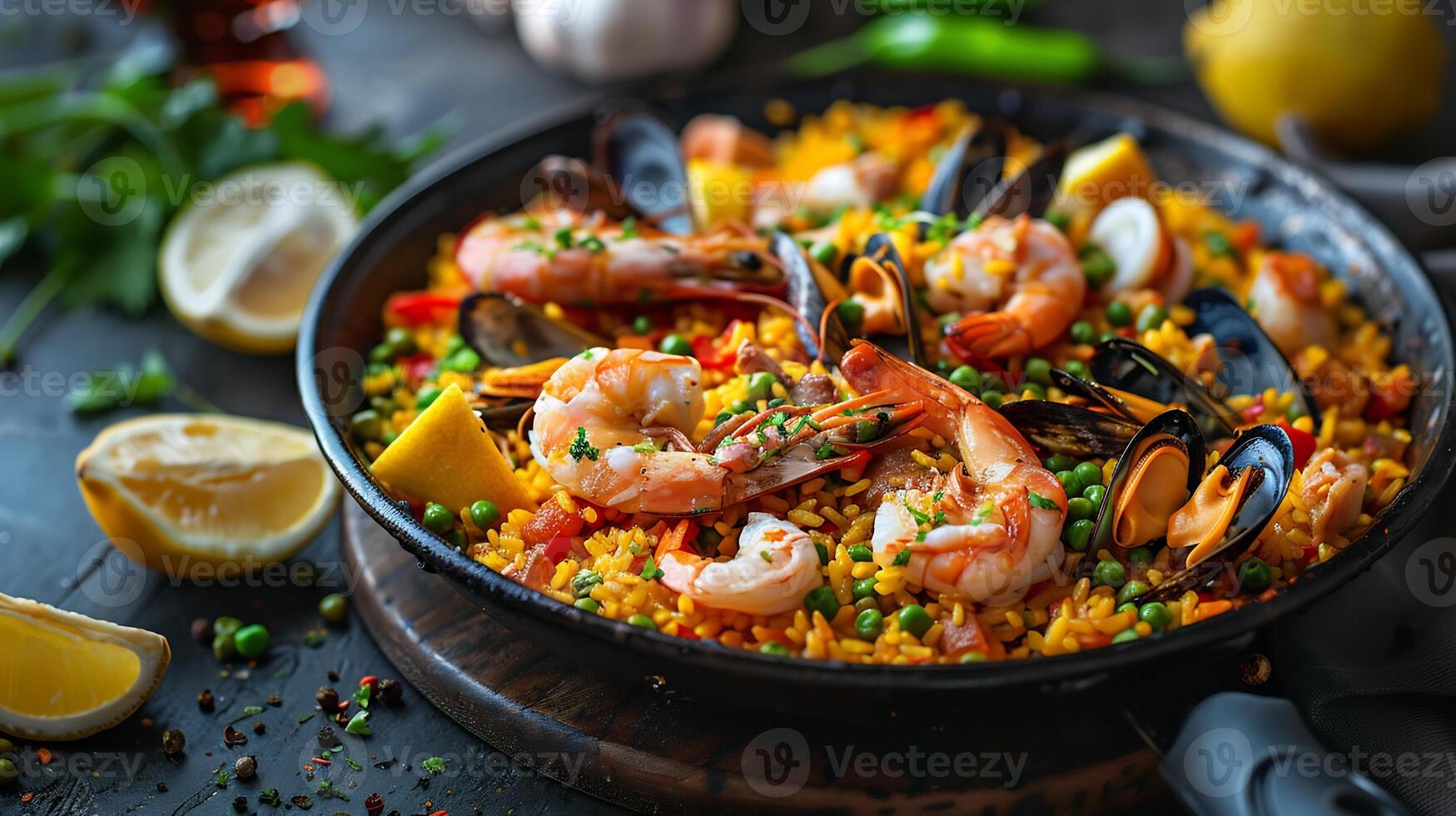 Colorful Spanish paella from Europe with an assortment of seafood and saffron rice captured in a dynamic high resolution gourmet food photography style photo