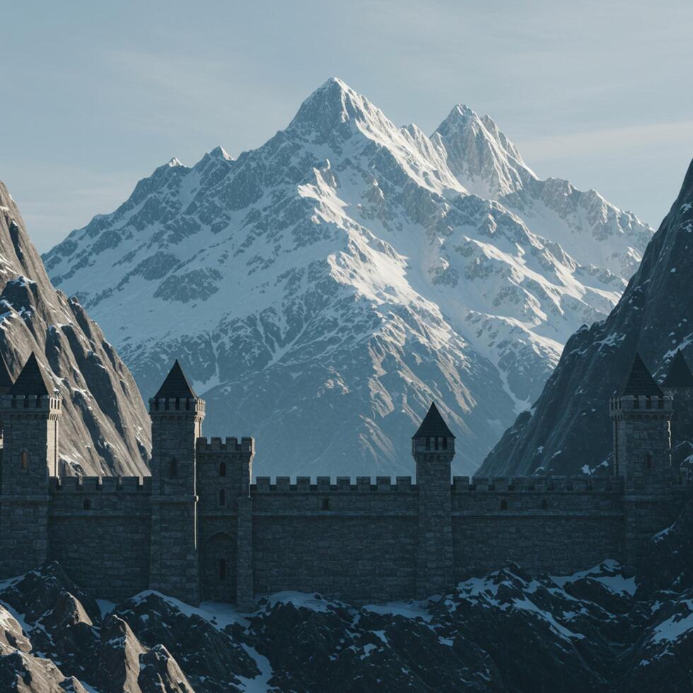 A castle in the mountains with snow on top photo