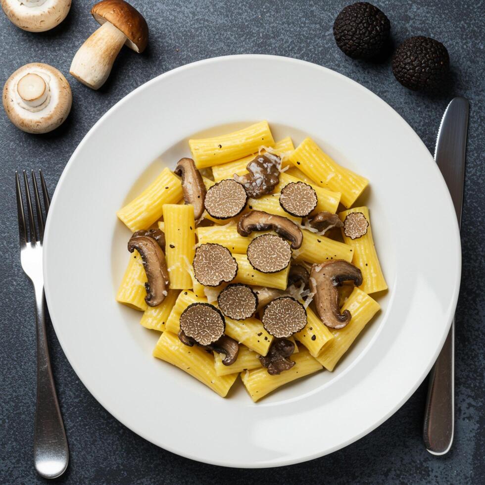 A plate of pasta with mushrooms and black truffles photo
