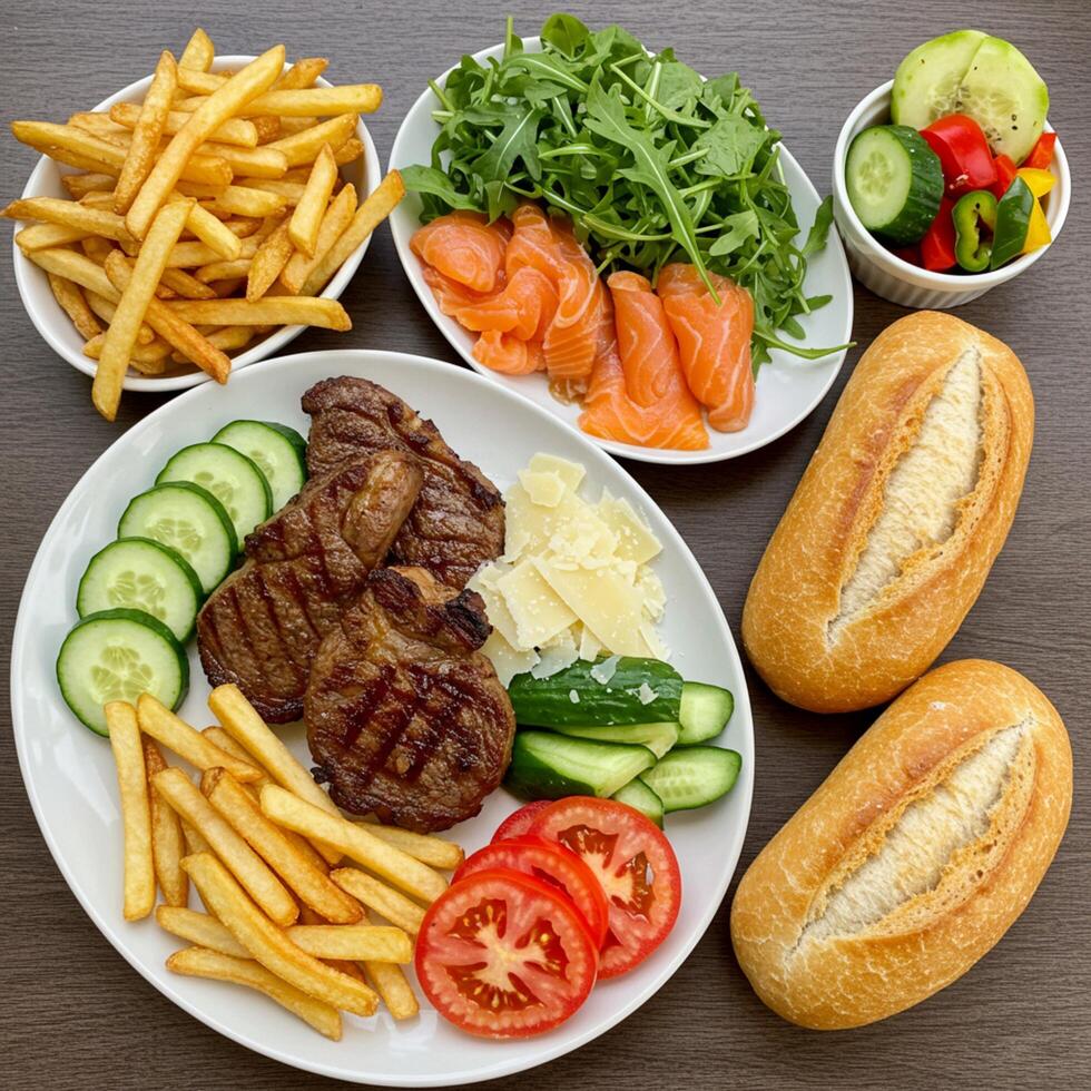 A table with a plate of food and a bowl of chips photo