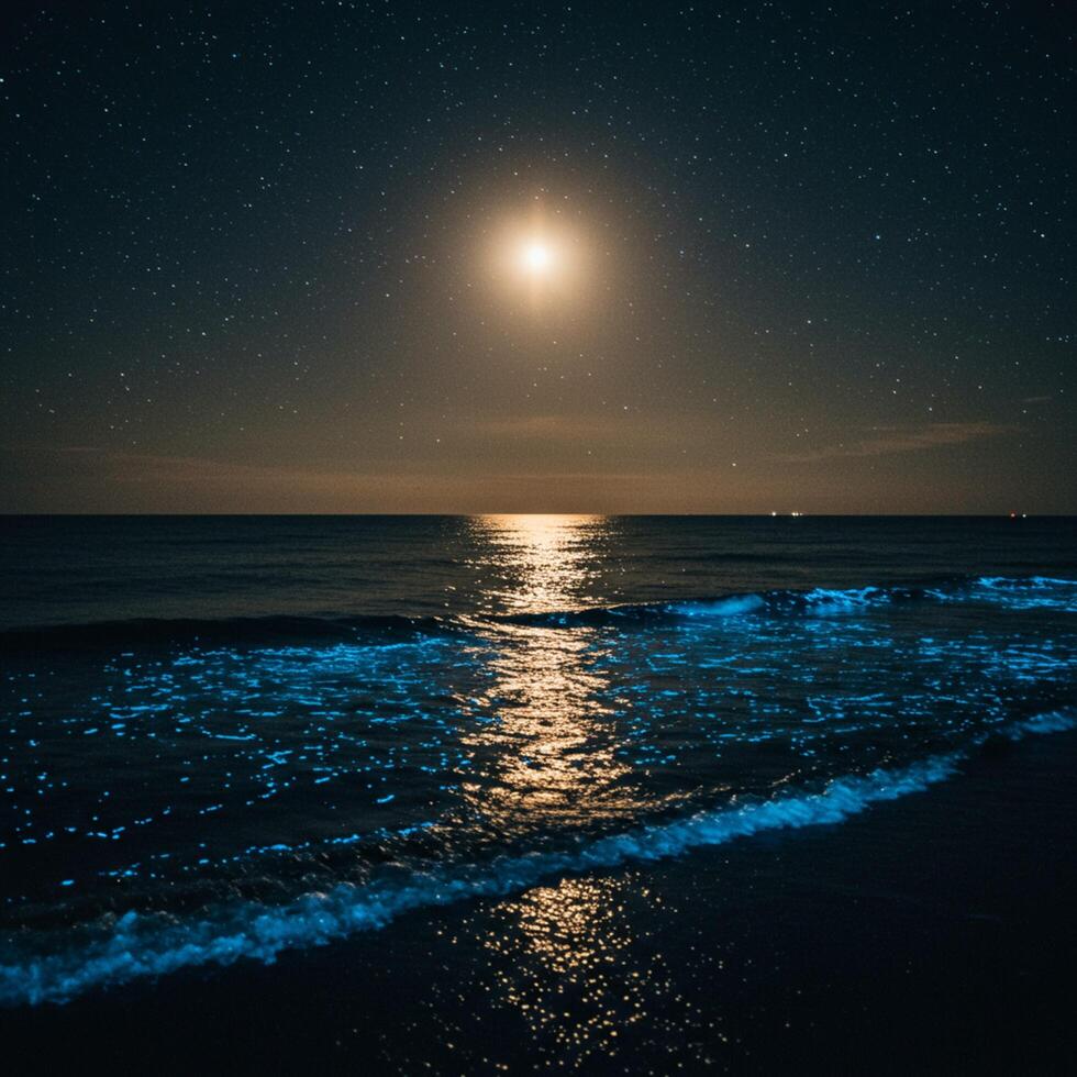 A full moon is shining over the ocean outdoor photo