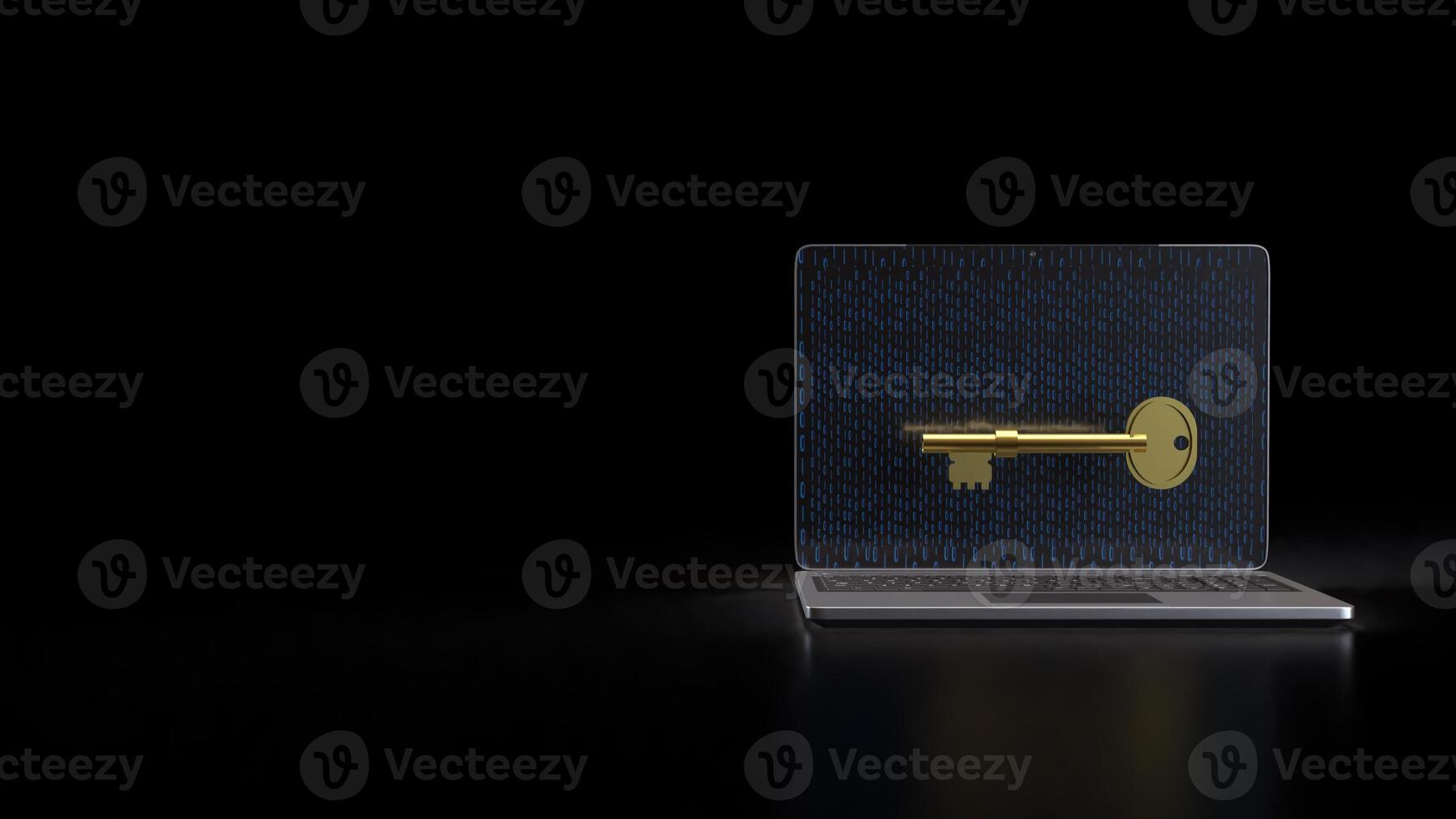 Gold key on notebook for security technology concept 3d Rendering. photo