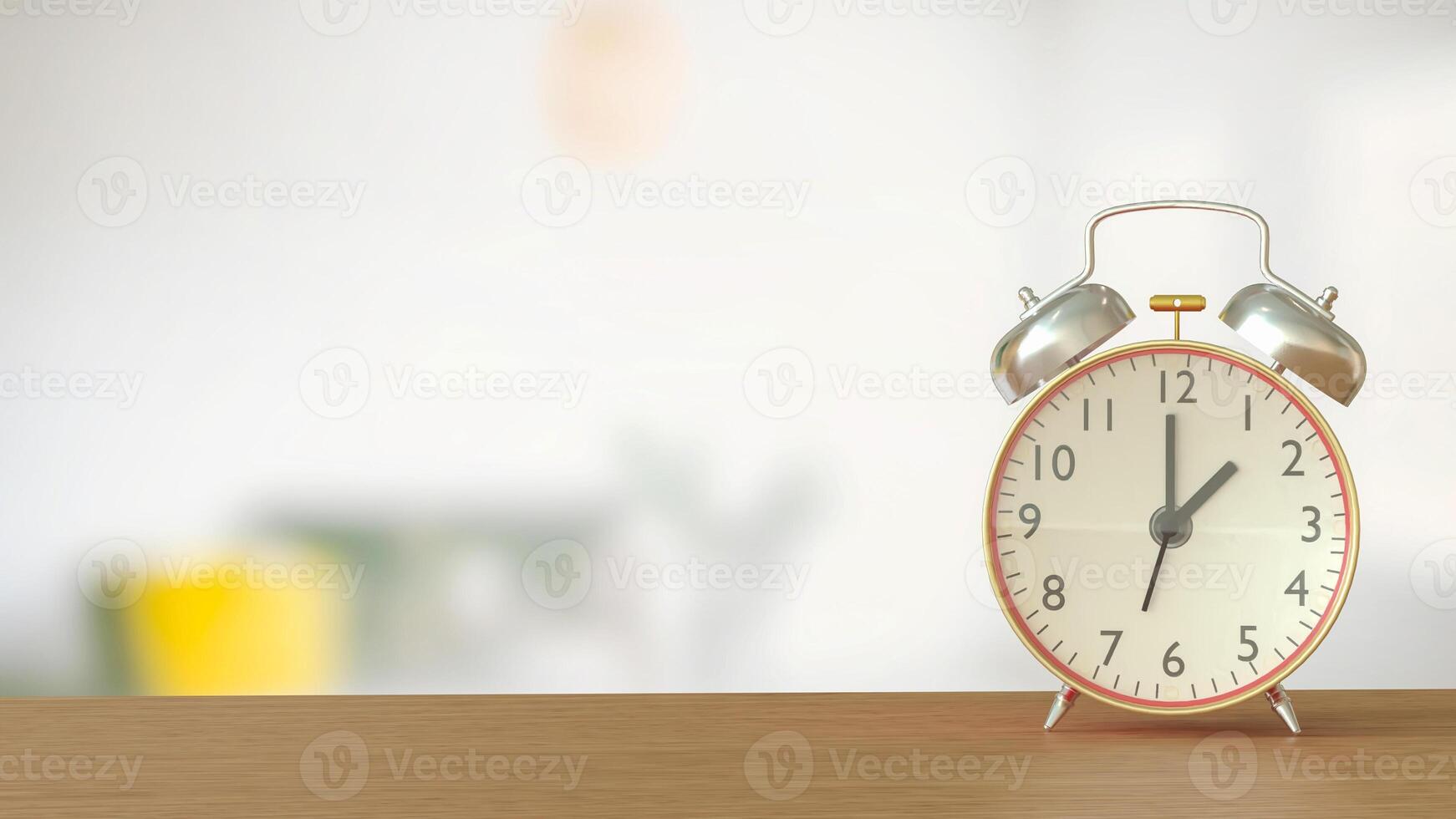 Clock on wood table for Time concept 3d Rendering. . photo