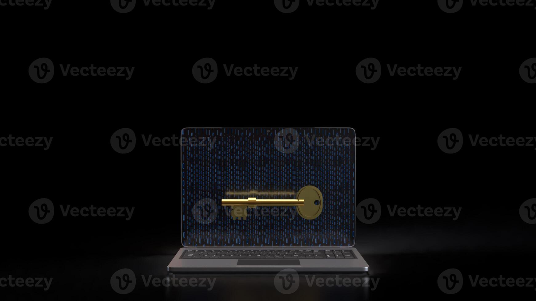 The Gold key on notebook for security technology concept 3d Rendering. photo