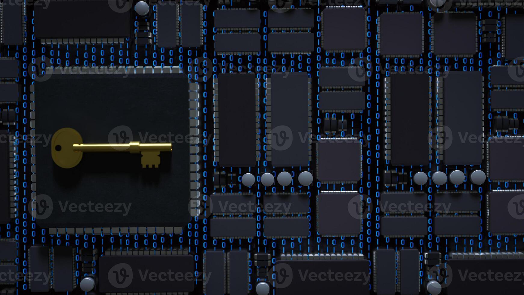 Gold key on Mother Board for security technology concept 3d Rendering . . photo