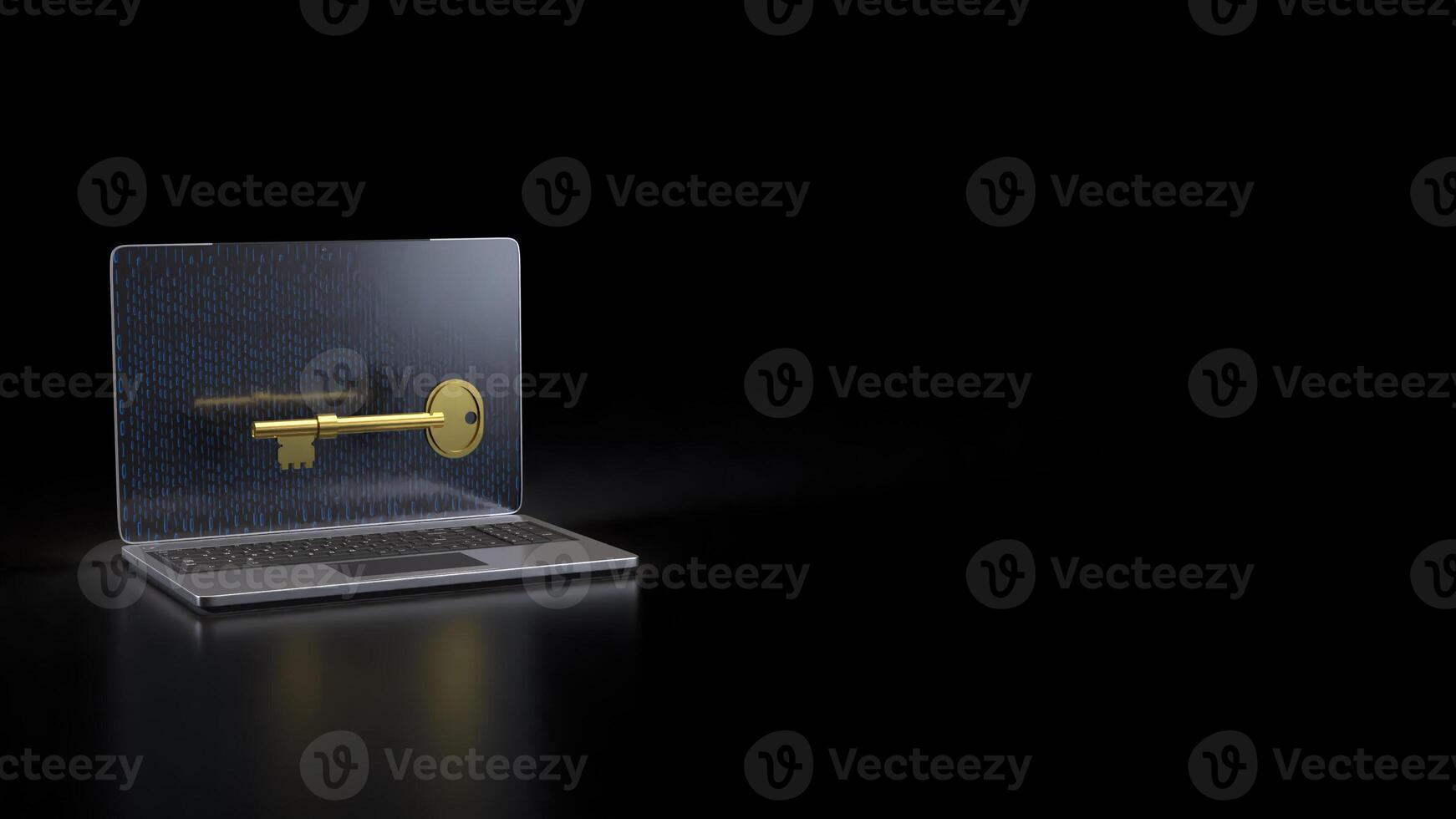 Gold key on notebook for security technology concept 3d Rendering . . photo