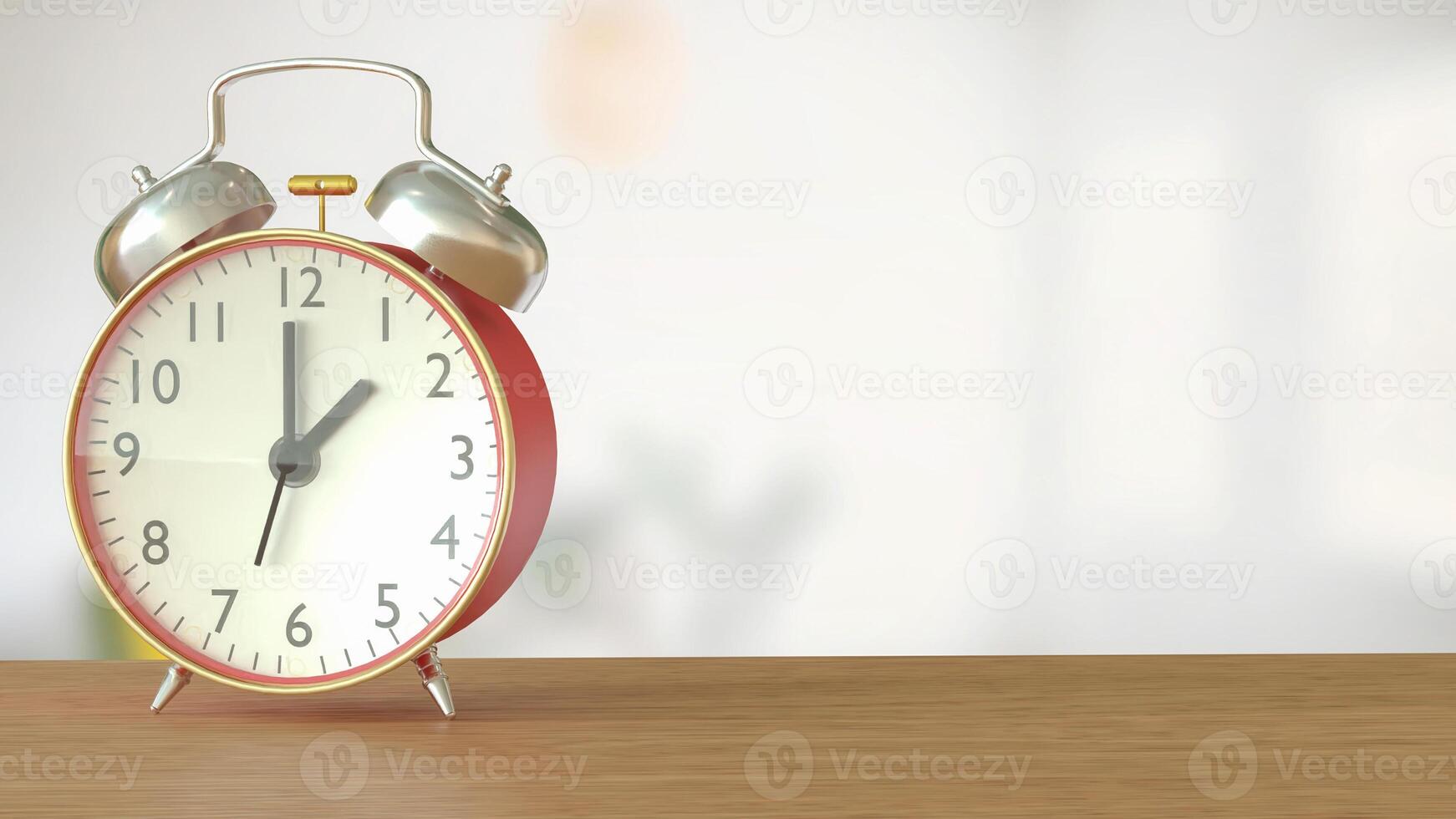 The Clock on wood table for Time concept 3d Rendering. photo