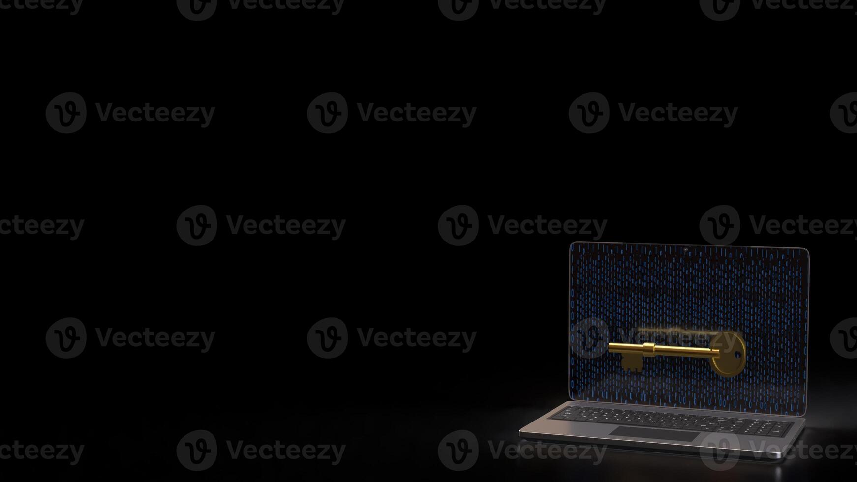Gold key on notebook for security technology concept 3d Rendering. . photo