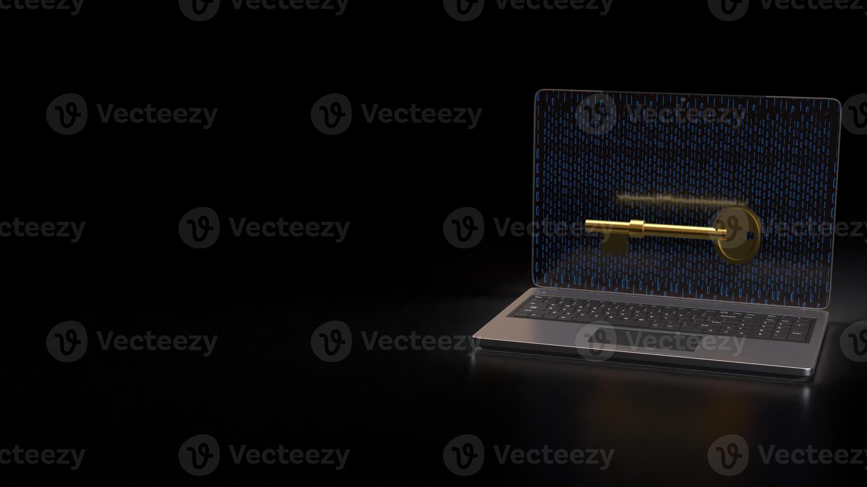 Gold key on notebook for security technology concept 3d Rendering . photo