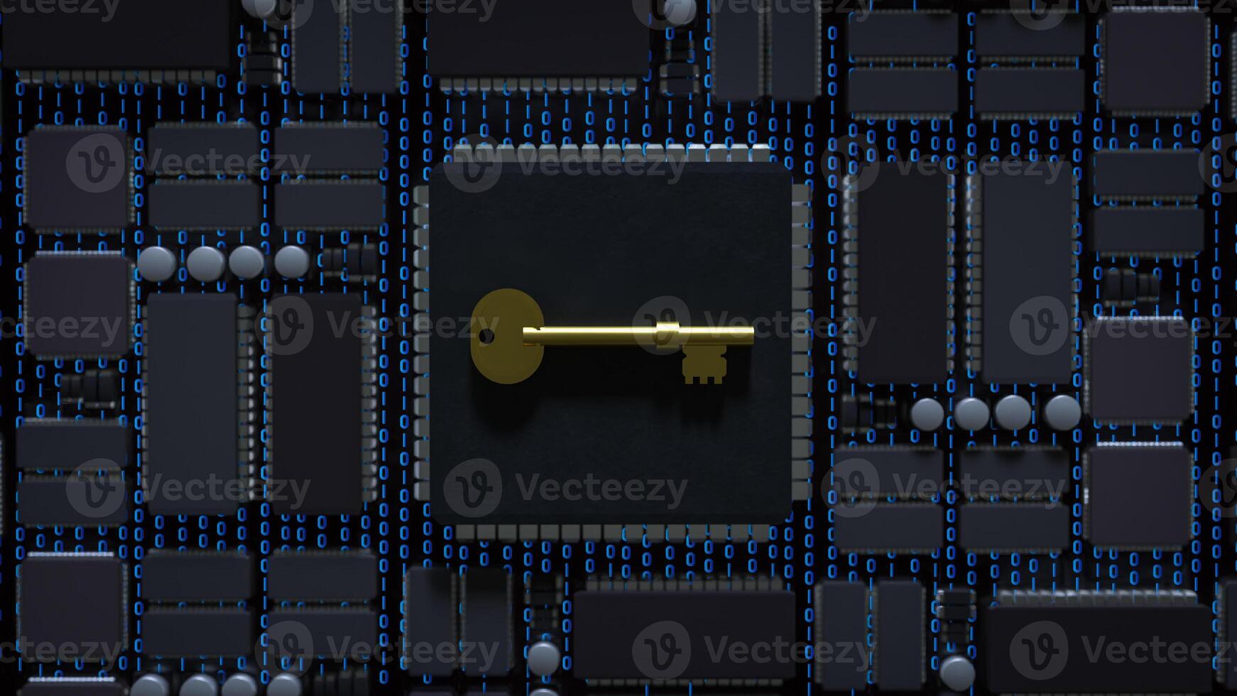 Gold key on Mother Board for security technology concept 3d Rendering . photo