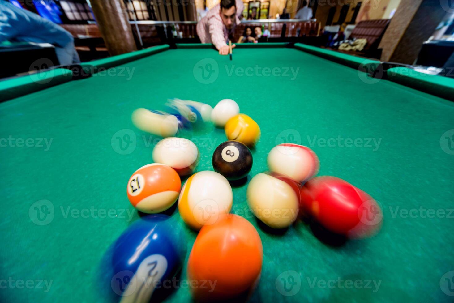 Billiard balls in a pool table. Background. photo