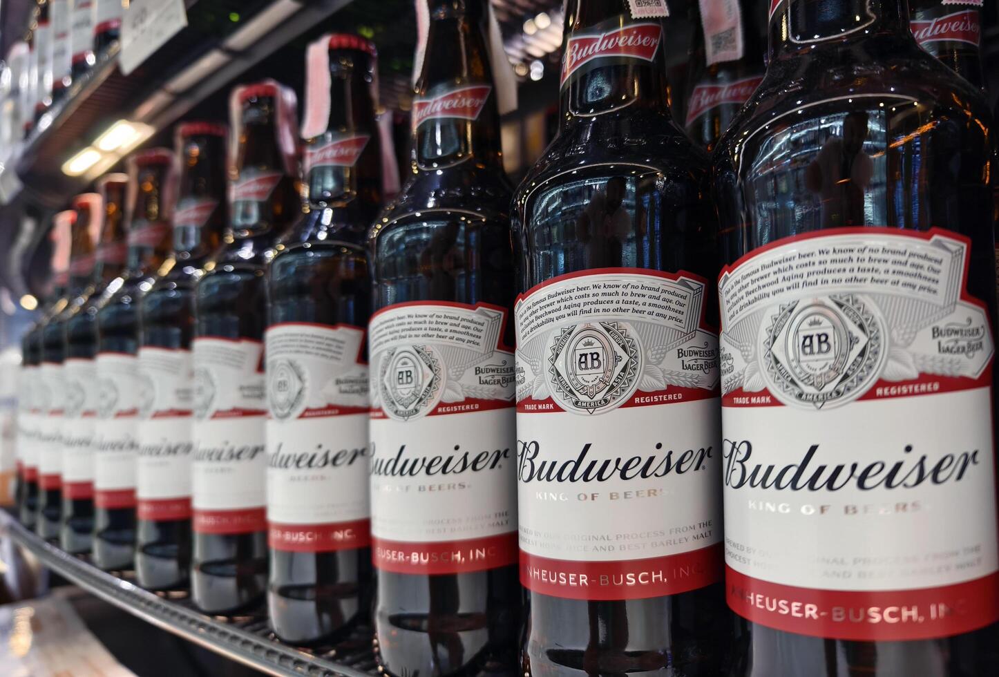 PHUKET, THAILAND - MARCH 8, 2025. Bottles of Budweiser beer lined up neatly on a shelf photo