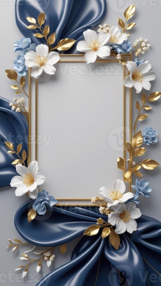 gold frame with blue flowers and gold ribbon on a blue background photo