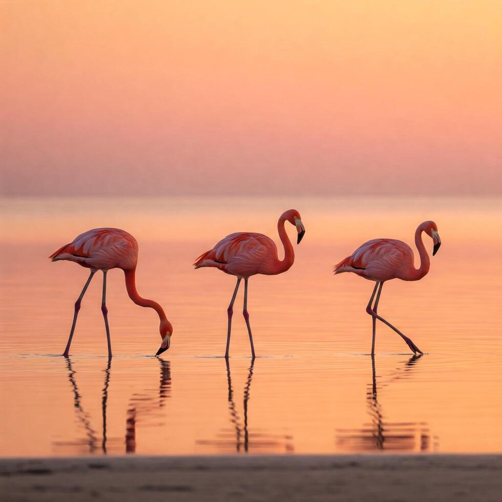 Pink Flamingos Feeding at Sunrise photo