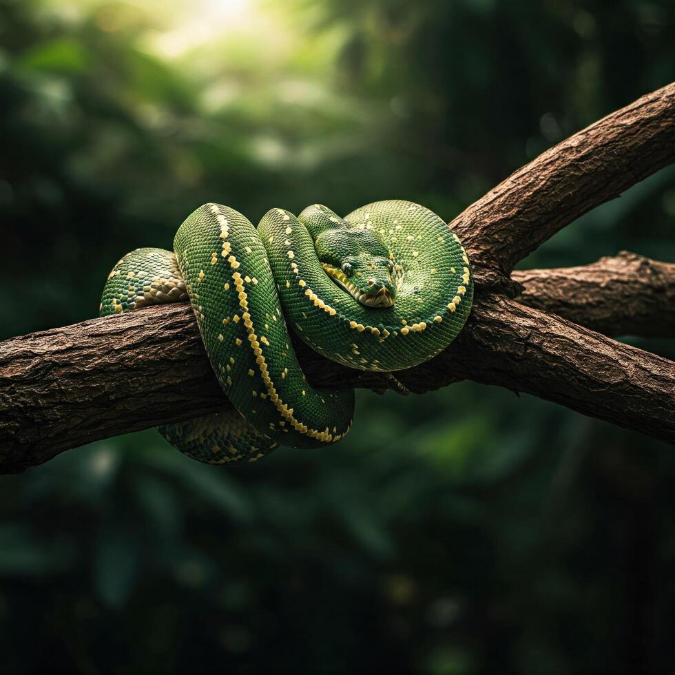 Green Tree Python coiled on branch, jungle background photo