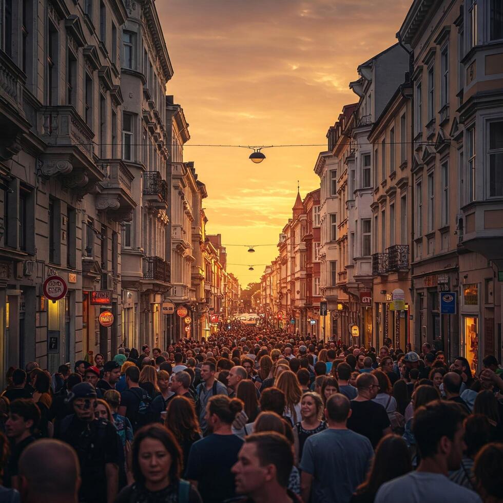 Crowds of people walking down a street at sunset photo