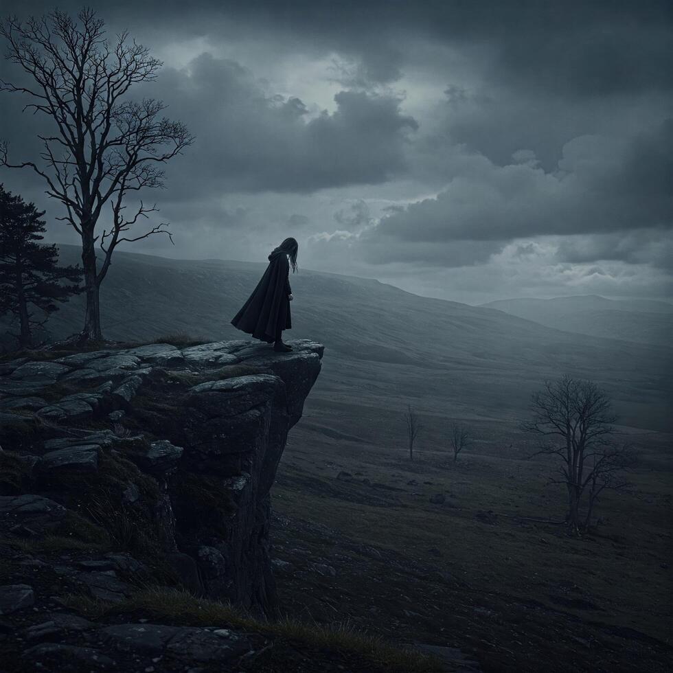 Melancholy figure on clifftop, stormy landscape photo