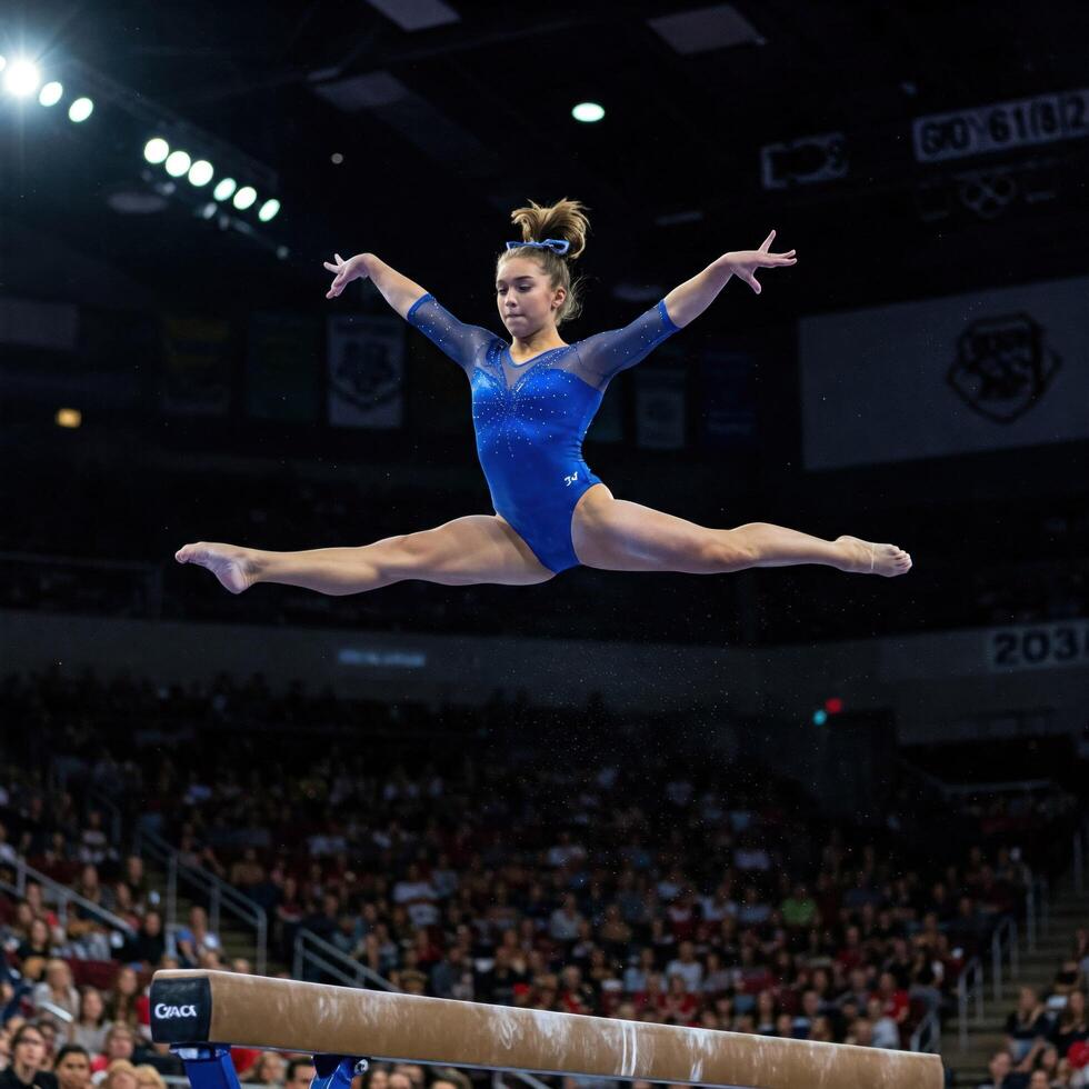 A female gymnast is doing a split on the balance beam photo