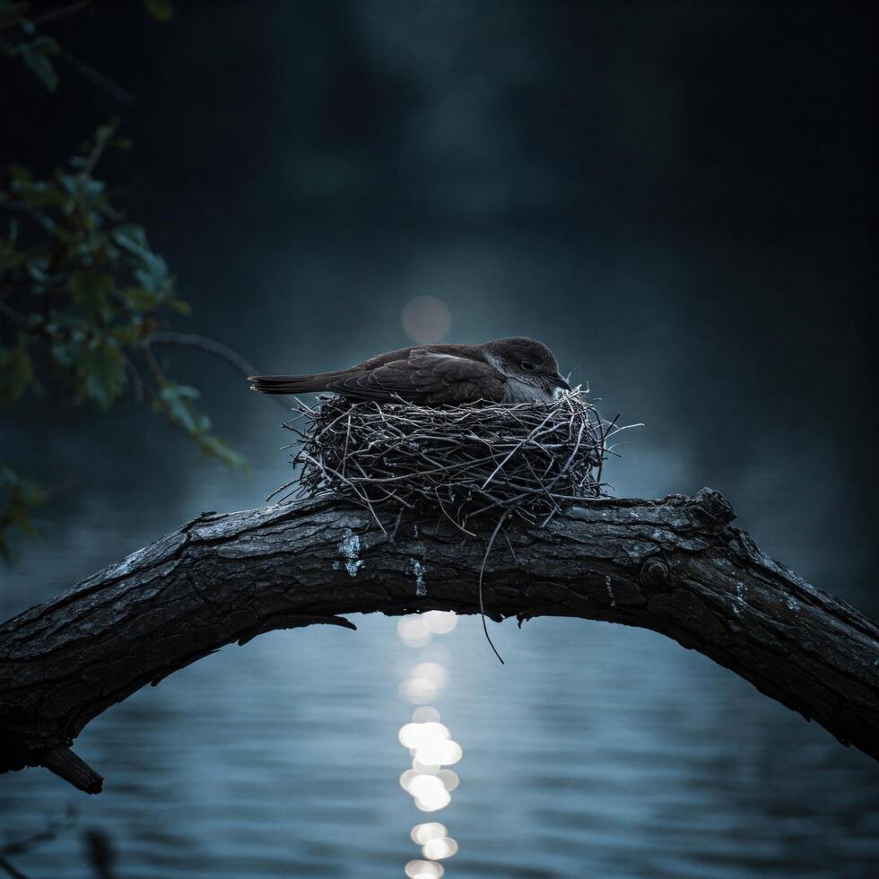 A bird nest on a branch over a lake photo