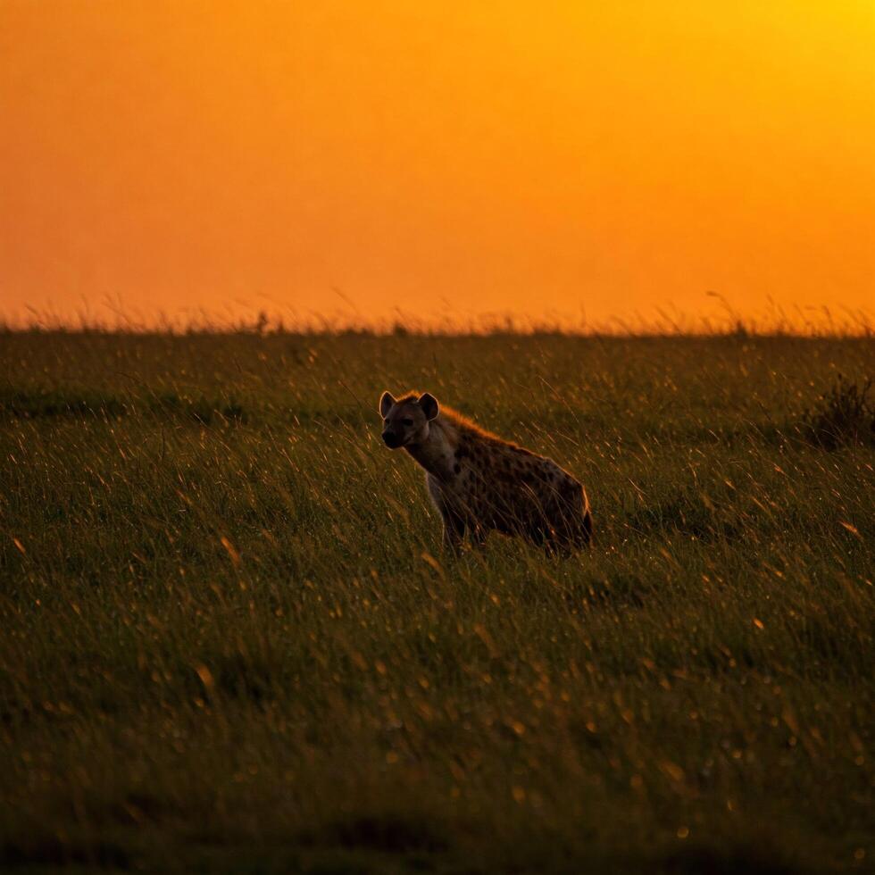 Hyena at Sunset in African Grassland photo
