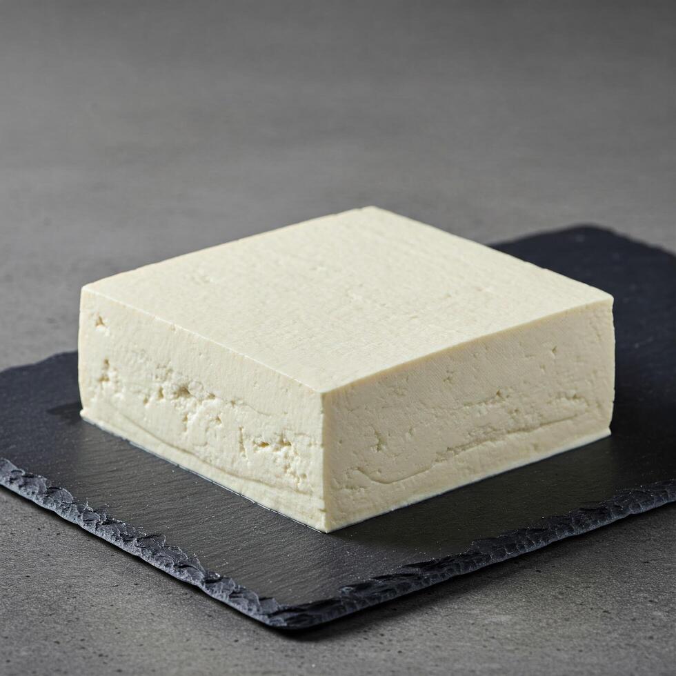 Fresh firm tofu block on slate plate photo