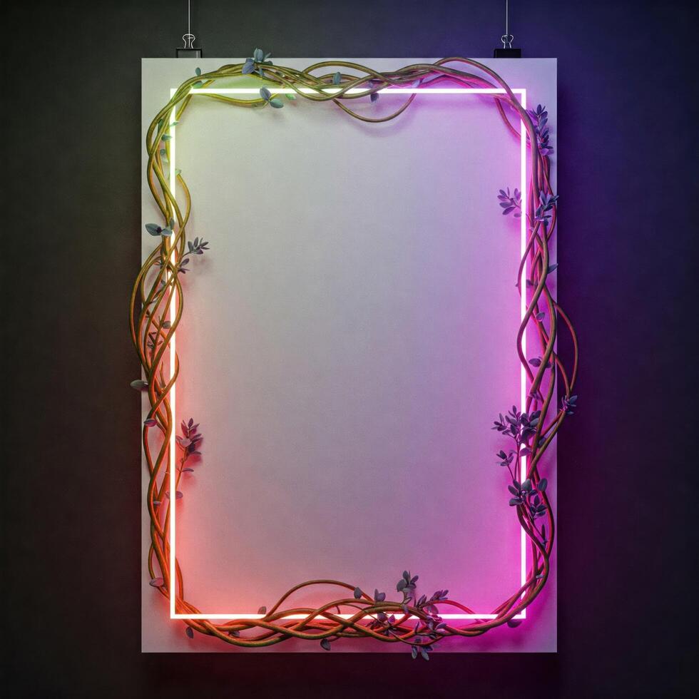 Neon framed poster, plant border, gradient background photo