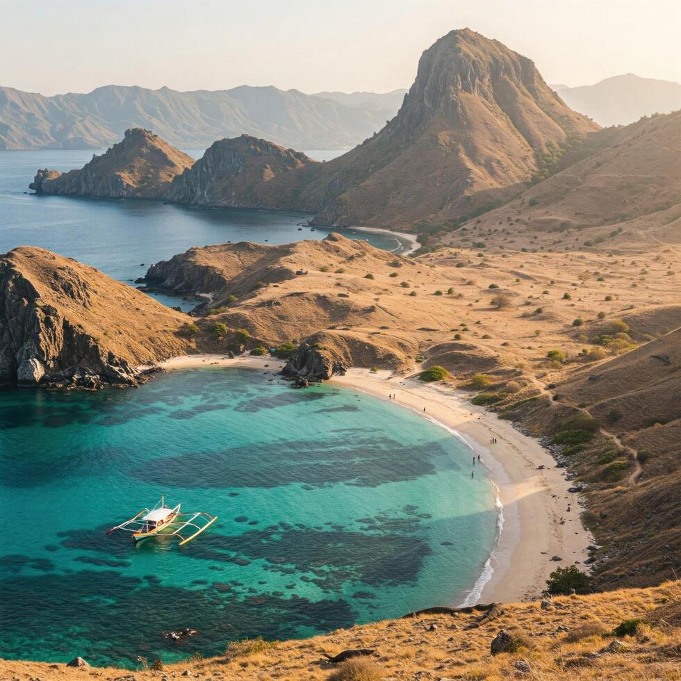 Island bay, turquoise water, boat, beach, mountains photo