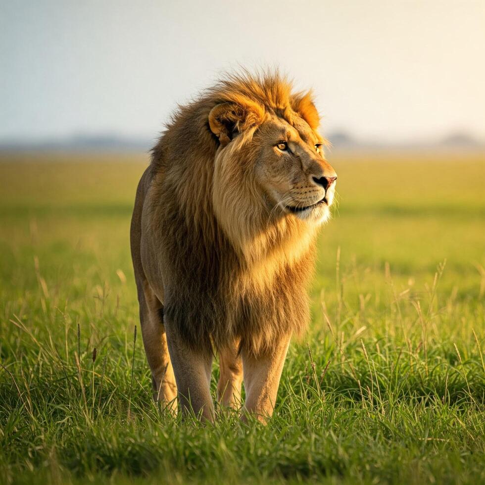 Majestic lion strides savanna at dawn photo