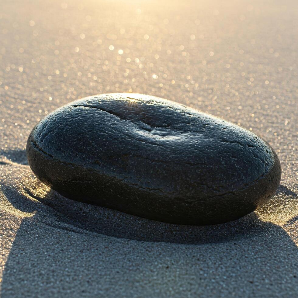 Polished dark stone on sandy beach at sunrise photo