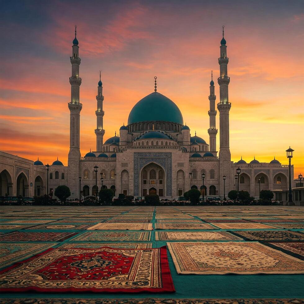 Sunrise at the Mosque, prayer rugs laid out photo