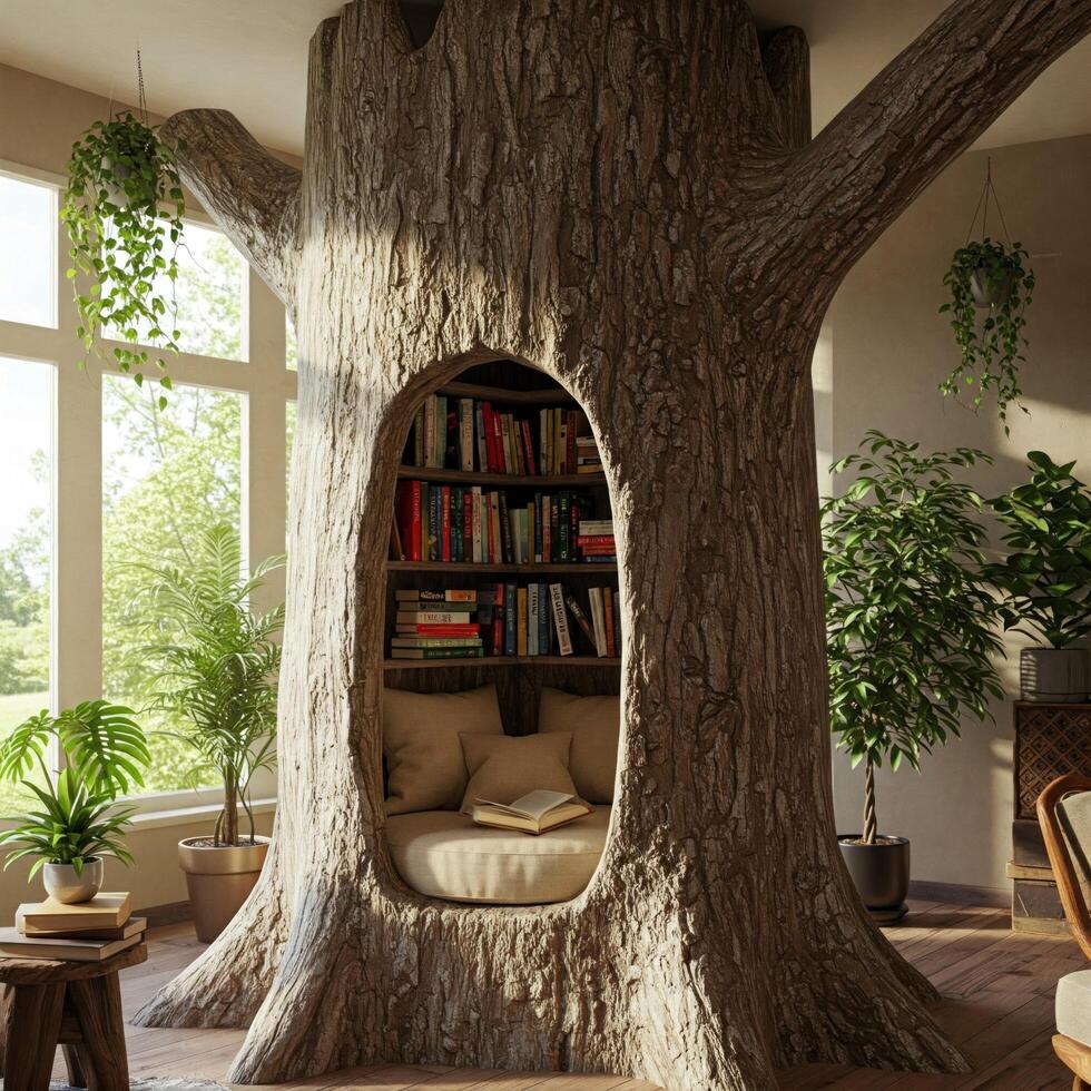 Cozy treehouse reading nook with bookshelves photo