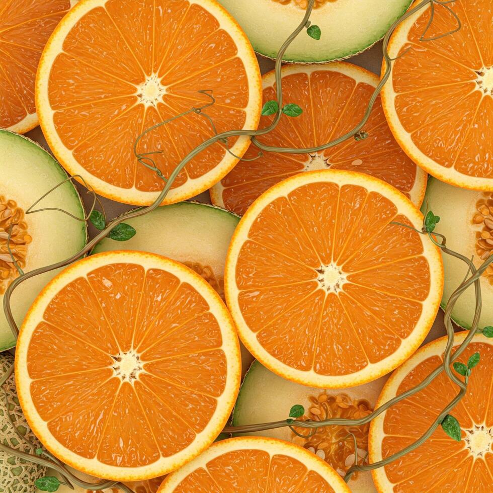 Citrus and Melon Slices, Vines, Top View photo