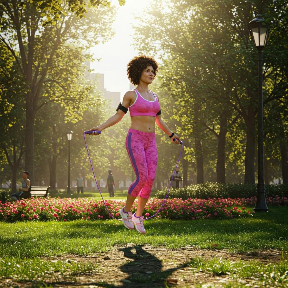 Woman jump ropes in park, sunny day photo