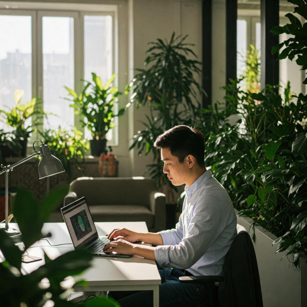 Man working on laptop in sunlit office with plants photo