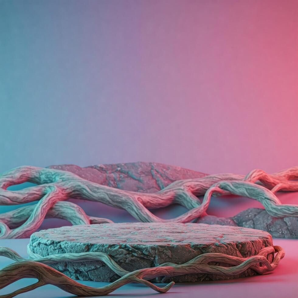 Stone pedestal, roots, neon backdrop photo