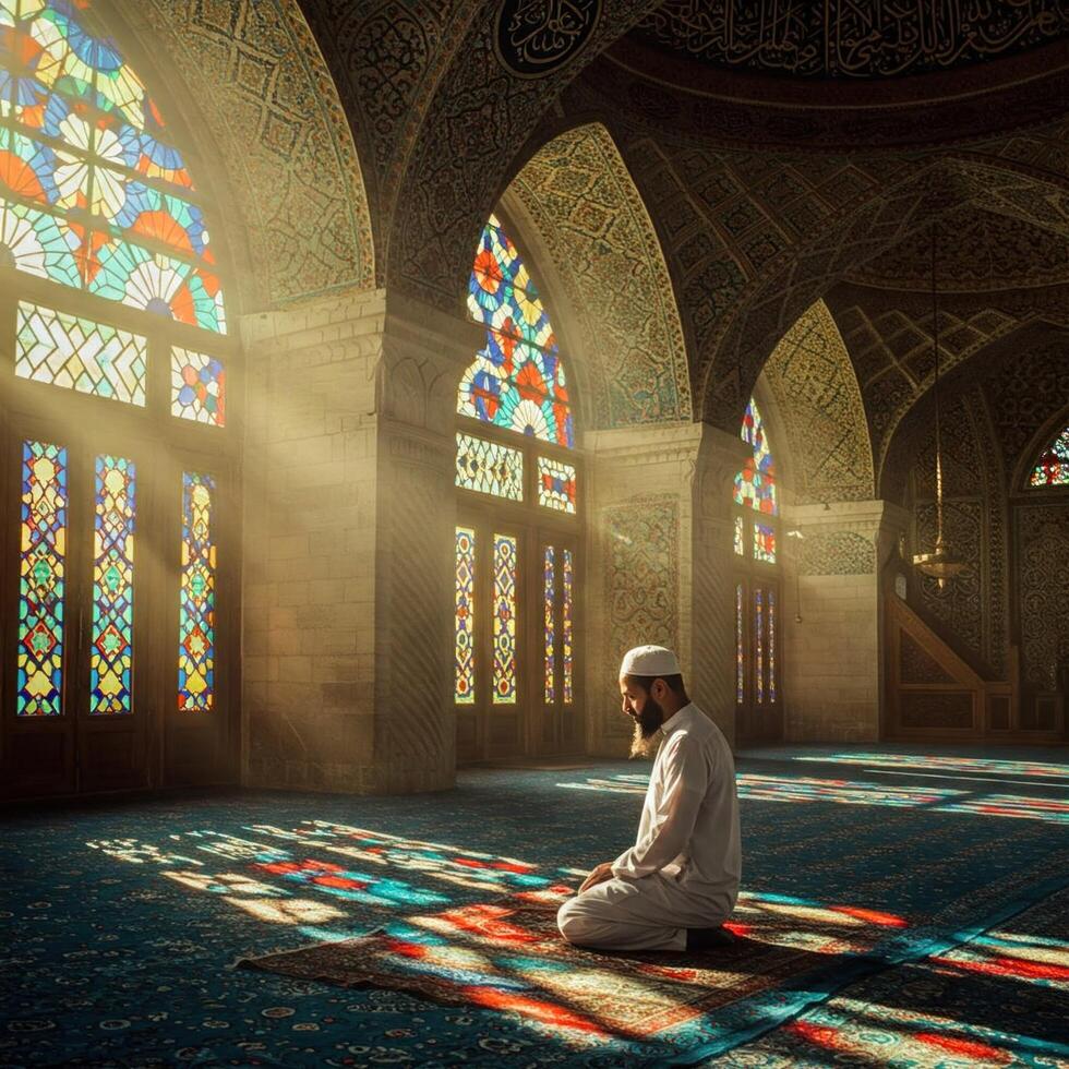 Muslim man praying in a mosque, sunlight through stained glass photo
