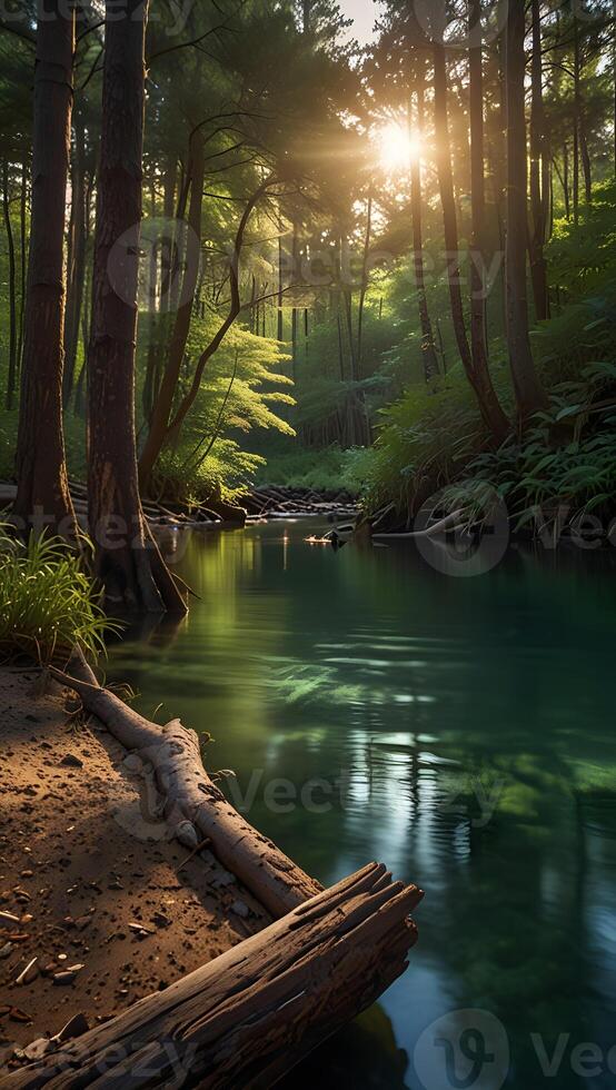 A Tranquil River Reflecting Golden Light Through Lush Trees photo