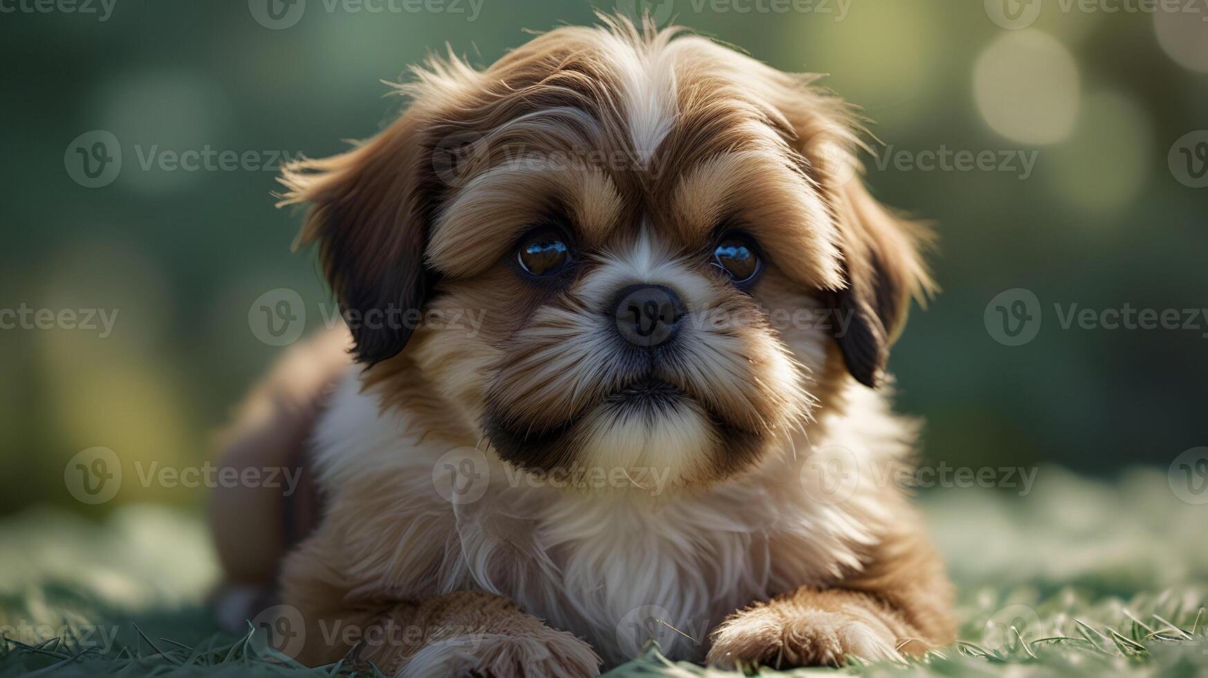 Adorable Shih Tzu Puppy Soft Fur Green Background Sweet Expression photo