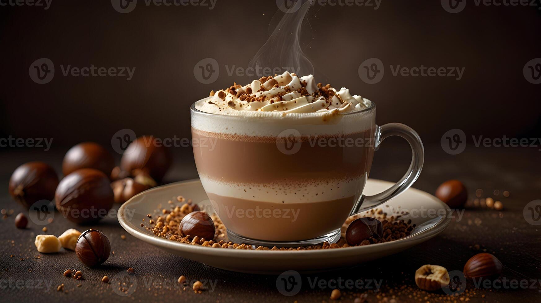 Layered Hazelnut Latte Whipped Cream Cocoa Garnish Dark Background photo
