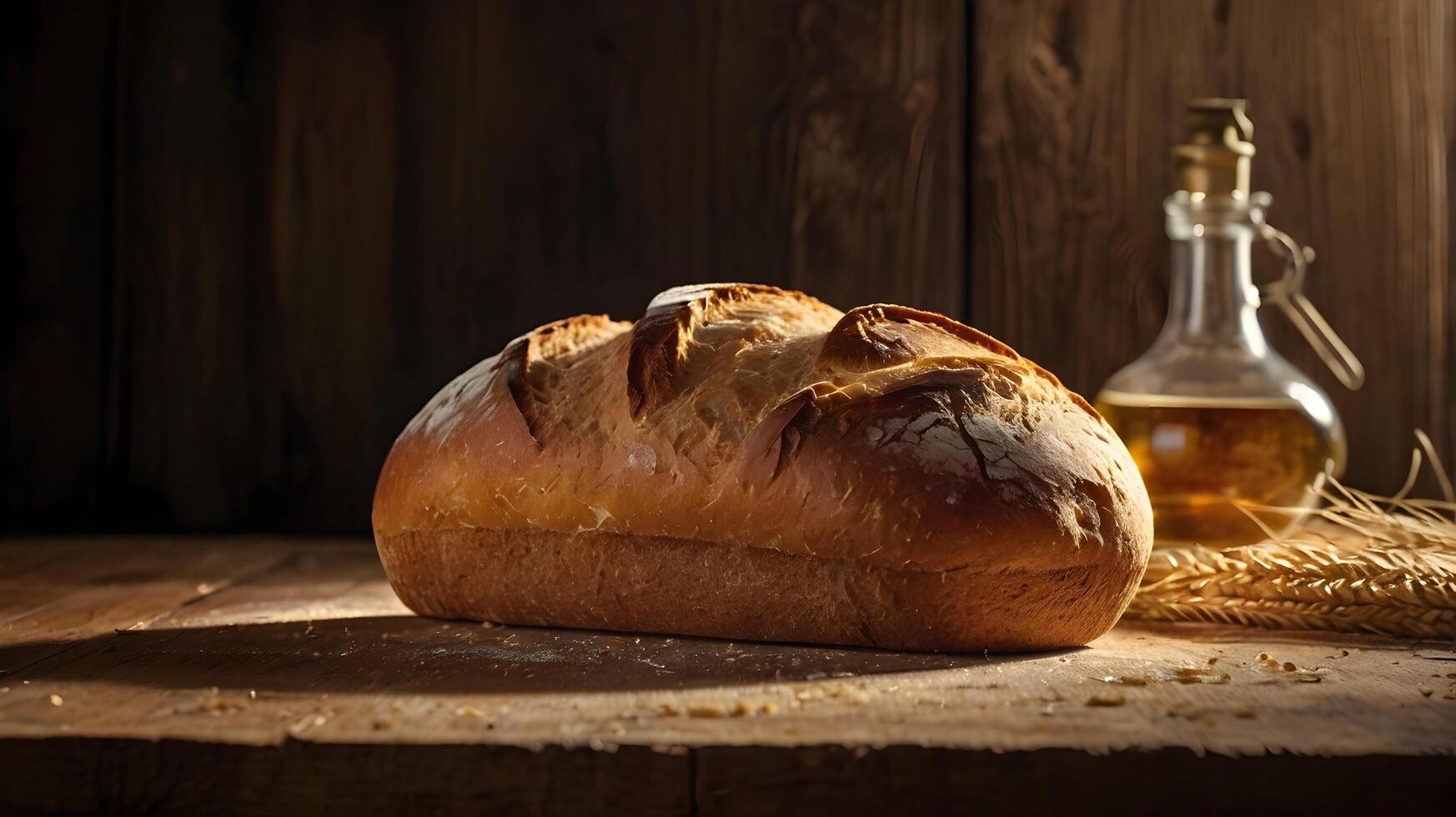 Golden Crusty Loaf Rustic Bread Wooden Table Background photo