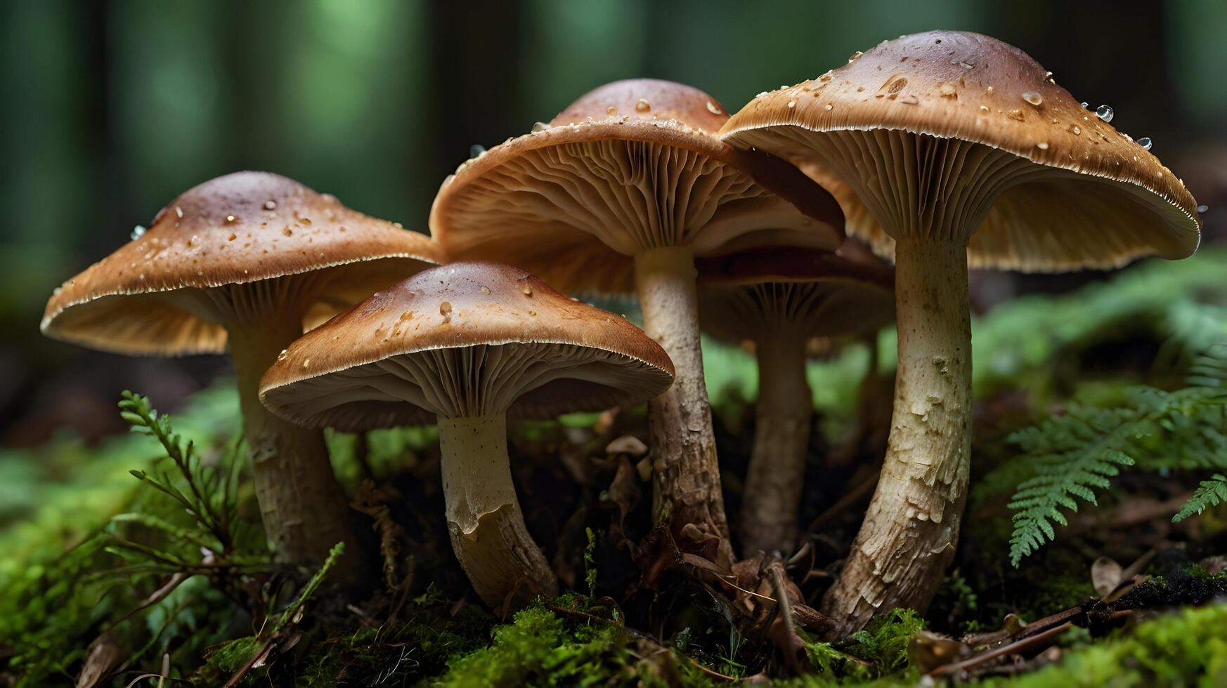 Brown Mushrooms Cluster Forest Mossy Ground Dark Background photo